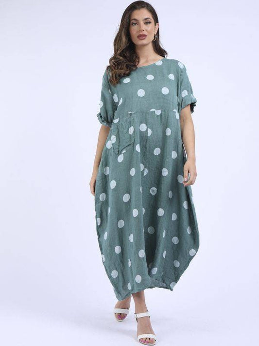 Minala Polka Dot Print Button Up Sleeves Lagenlook Slouchy Dress