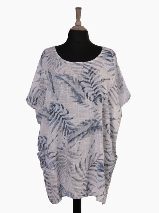 Plus Size Italian Leaf Printed Front Pockets Detail Batwing Top