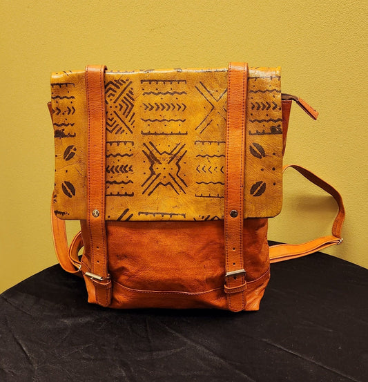 African Leather Backpack with Adinkra Symbols.