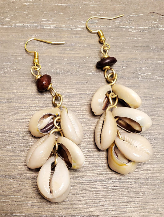 Cowrie Shell Earrings/African Dangling 6 Cowrie Earrings/Ethnic Earrings/Gift for her.