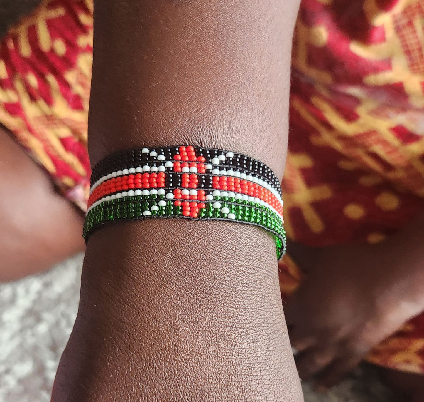 Wide Kenyan Flag Wrist Wrap Bracelet/13 Line Elastic Kenya Bracelet/Handmade by Maasai/Patriotic Bracelet size L-XL.