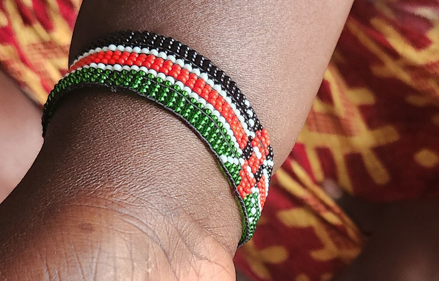 Wide Kenyan Flag Wrist Wrap Bracelet/13 Line Elastic Kenya Bracelet/Handmade by Maasai/Patriotic Bracelet size L-XL.