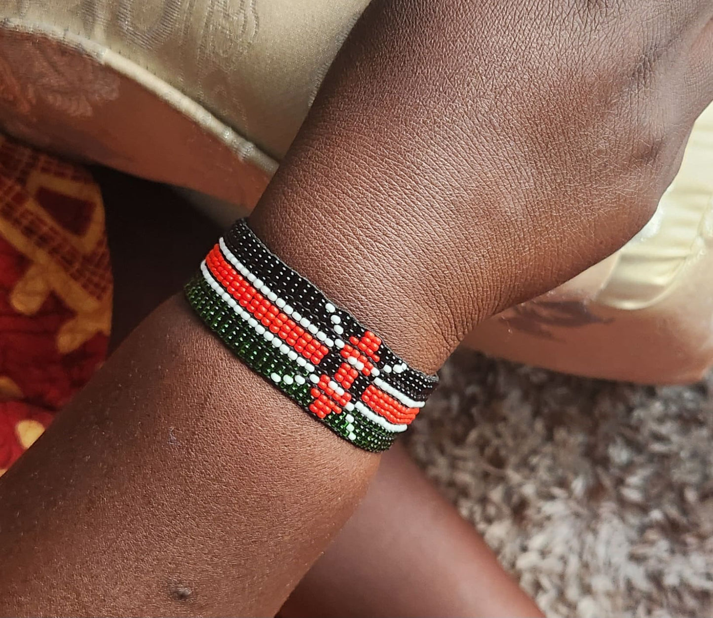 Wide Kenyan Flag Wrist Wrap Bracelet/13 Line Elastic Kenya Bracelet/Handmade by Maasai/Patriotic Bracelet size L-XL.