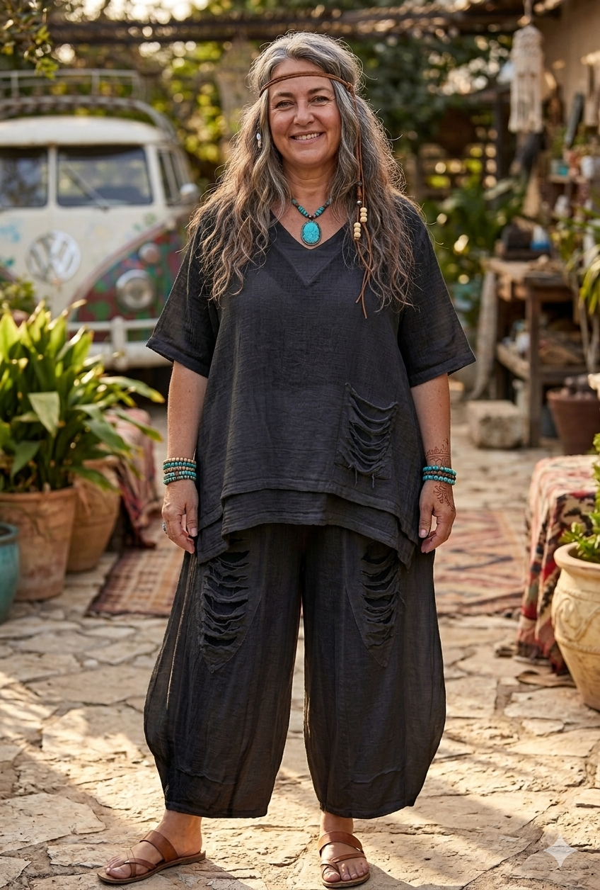 Boho-Chic Distressed Cotton Gauze Two-Piece Set – Oversized Layered Tunic & Slouchy Lantern Pants.