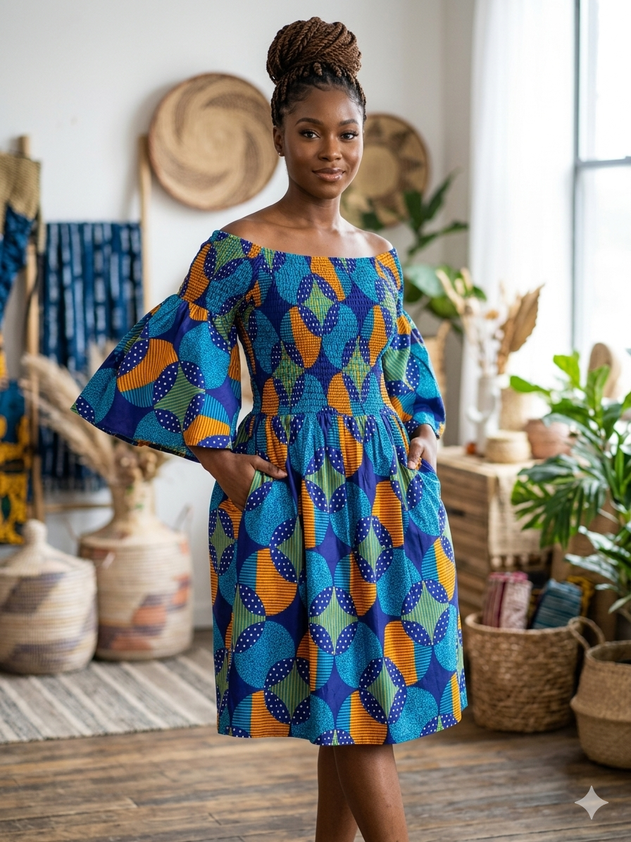Ankara African Print Echoes Off-the-Shoulder Dress.