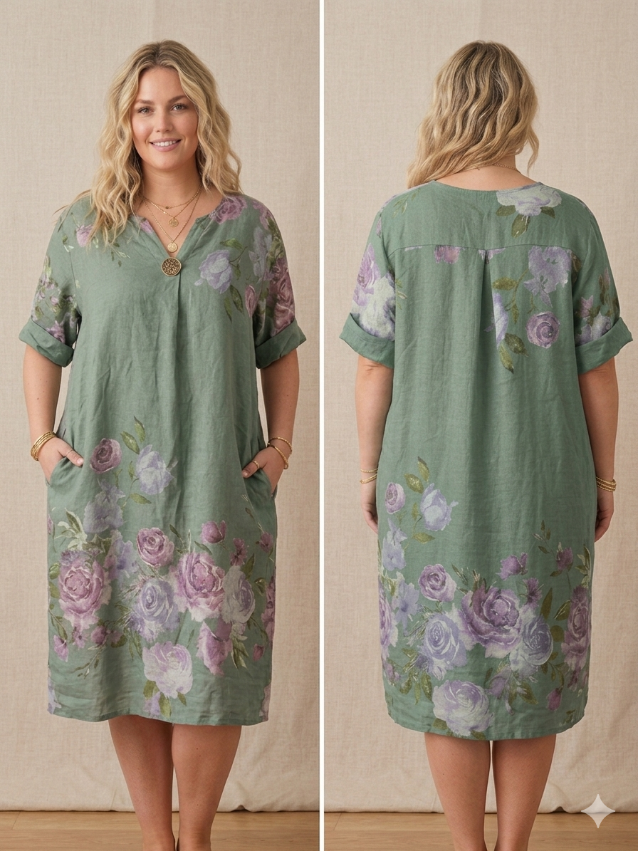 Italian Linen Floral Midi Dress