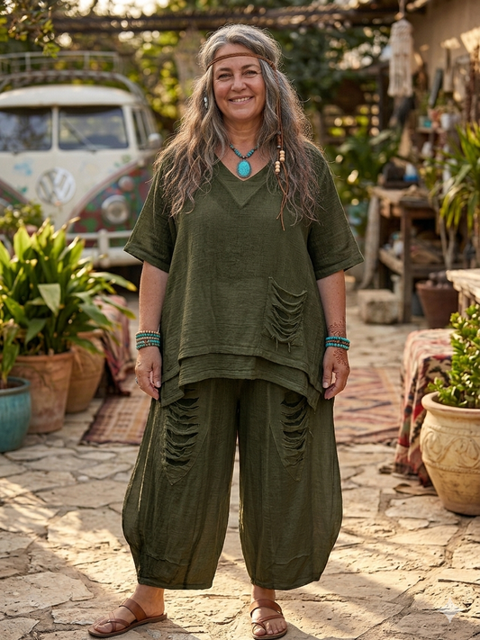 Boho-Chic Distressed Cotton Gauze Two-Piece Set – Oversized Layered Tunic & Slouchy Lantern Pants.