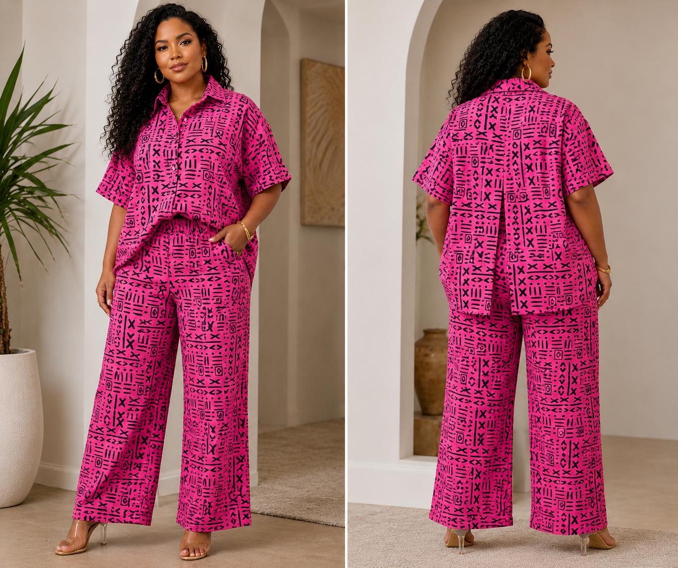 Two-Piece Cotton Set – Wide-Leg Pants & Button-Down Shirt