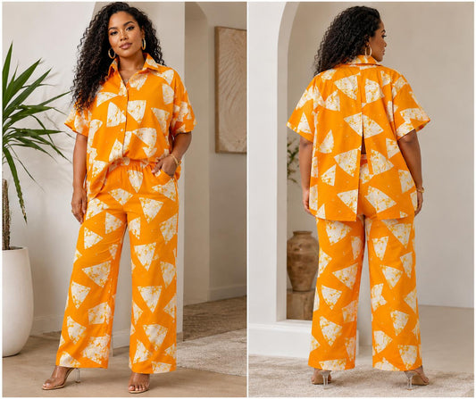Two-Piece Cotton Set – Wide-Leg Pants & Button-Down Shirt