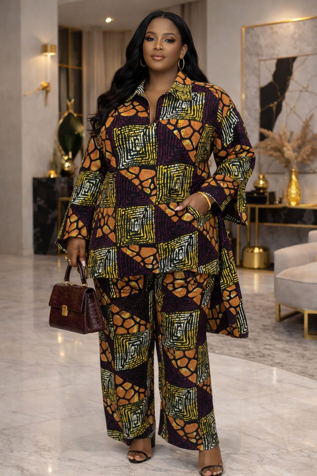 Bold Plus-size Two-Piece wide-leg pants set with an elegant Afro-luxe style.