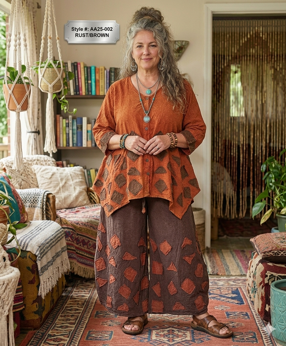 Earthy Patchwork Gauze Wide-Leg Pant Set XL/2XL Tall.