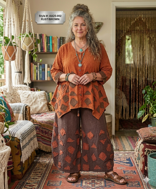 Earthy Patchwork Gauze Wide-Leg Pant Set XL/2XL Tall.