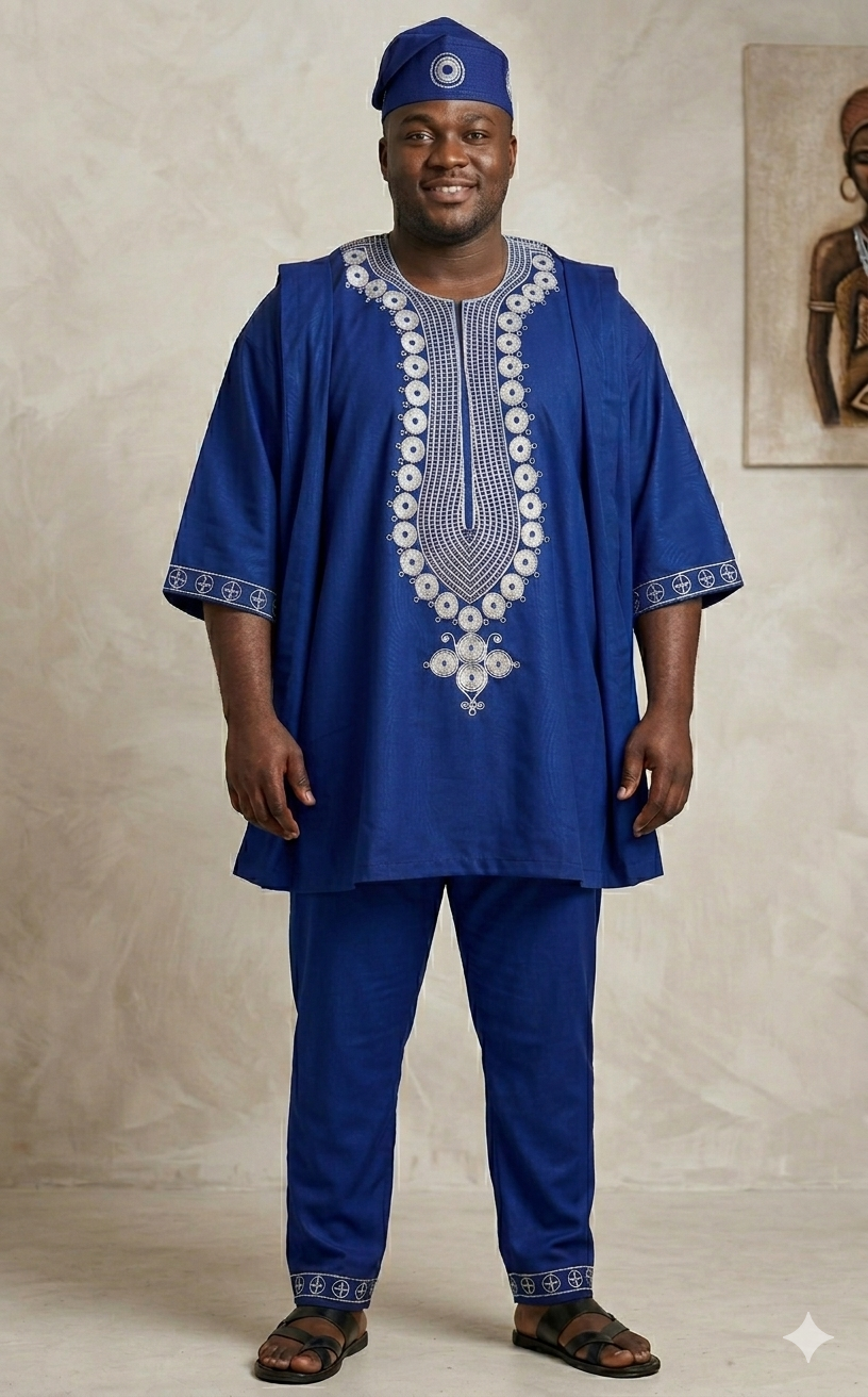 Mens African Plus size 3pc Dashiki with Kuffi, 100% cotton. One size Fits XL/2XL
