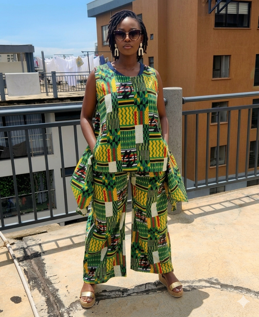 Colorful 2pc Flaired Wideleg Pantset with a Drawstring/Mudcloth Pattern Pantseg with GyeNyame symbols suze M/XL.