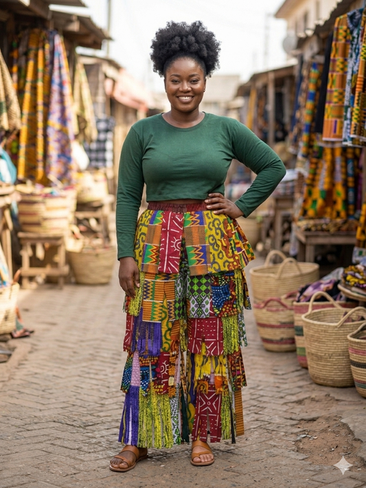 Vibrant Kente-Patchwork Tiered Fringe Pants/Unisex
