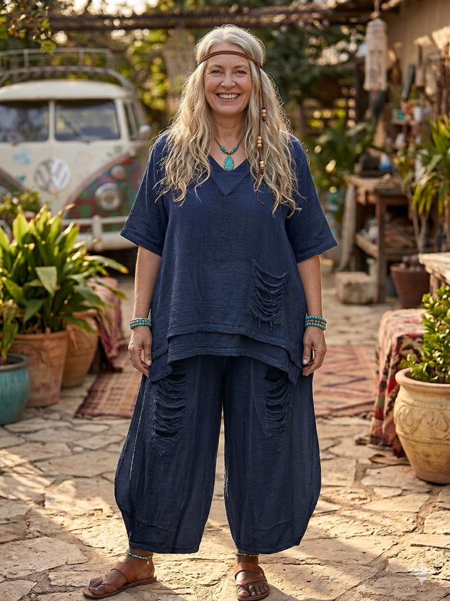 Boho-Chic Distressed Cotton Gauze Two-Piece Set – Oversized Layered Tunic & Slouchy Lantern Pants.