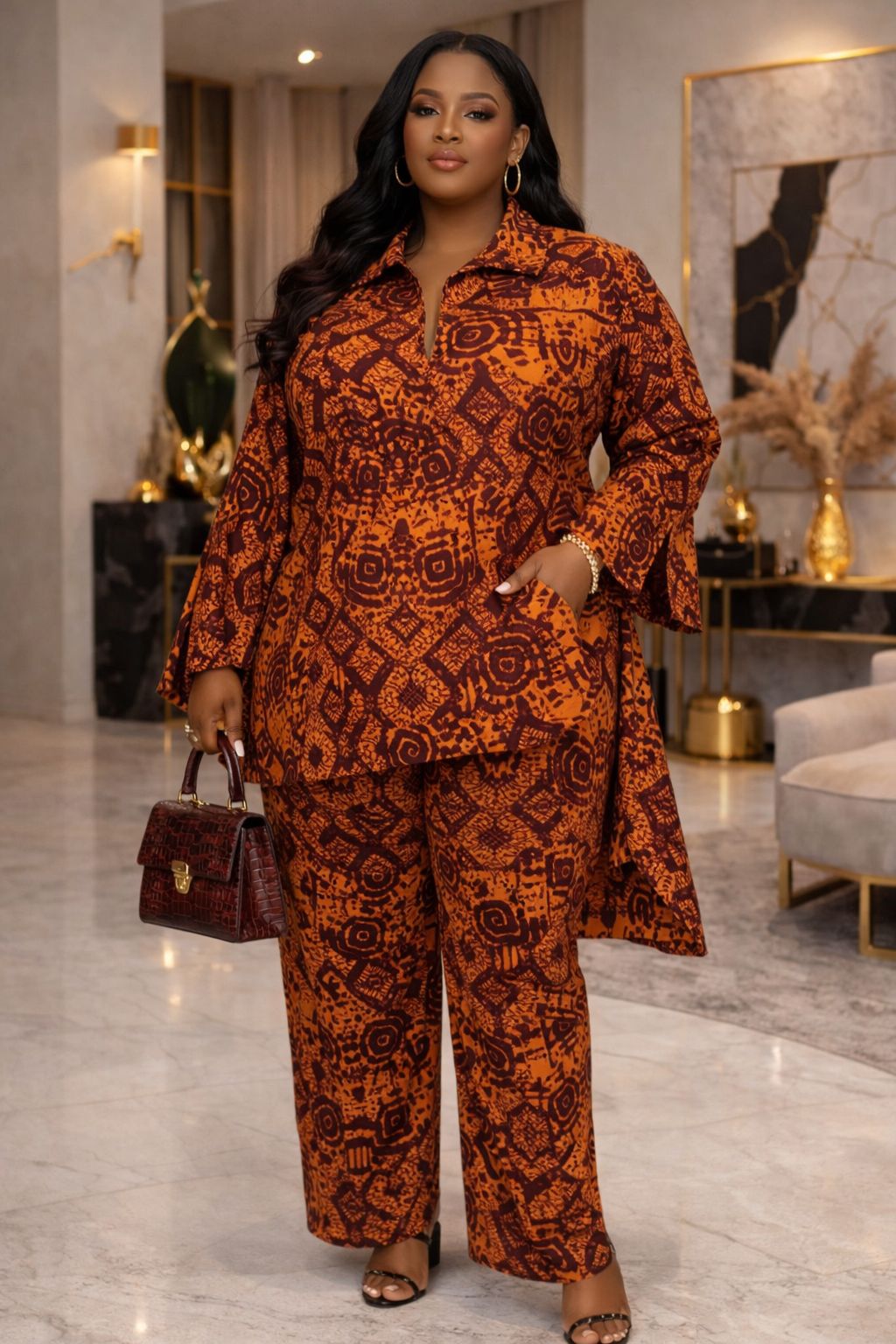 Bold Plus-size Two-Piece wide-leg pants set with an elegant Afro-luxe style.