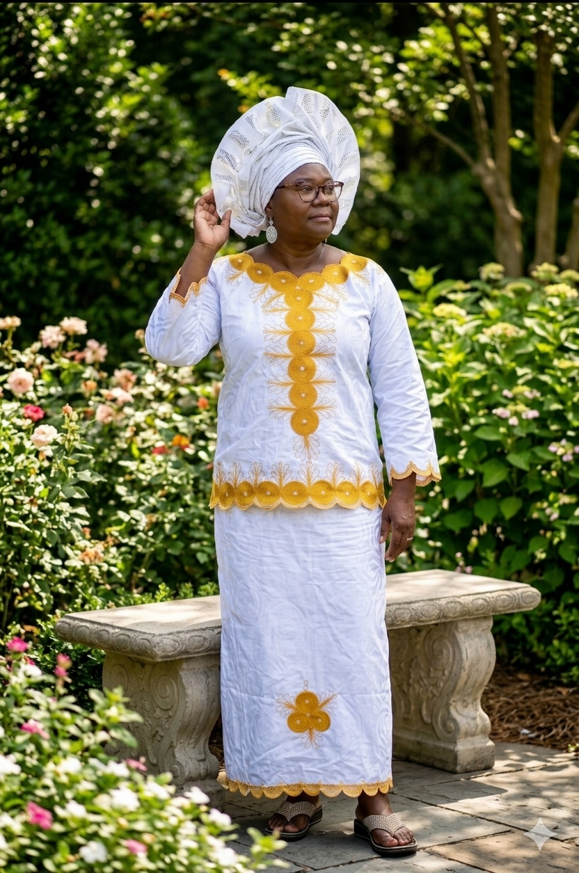 African Traditional Women Skirt Set/White and Gold 3 pc Wrap Skirt set with a Head Wrap/Fits L/XL.