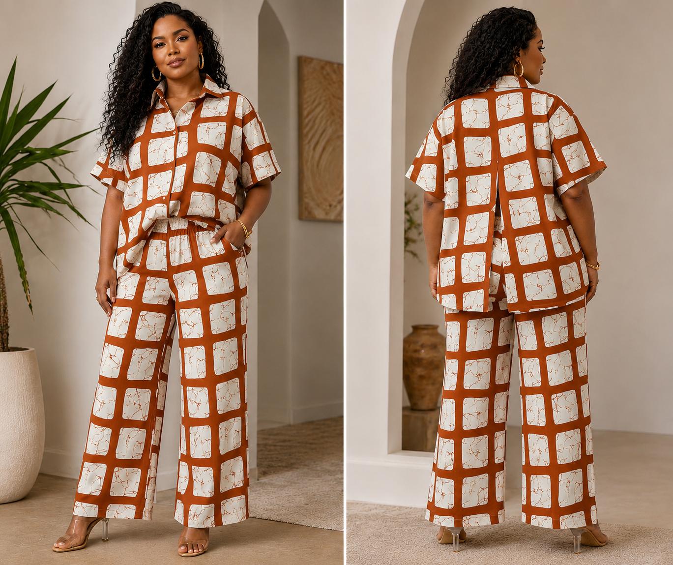 Two-Piece Cotton Set – Wide-Leg Pants & Button-Down Shirt