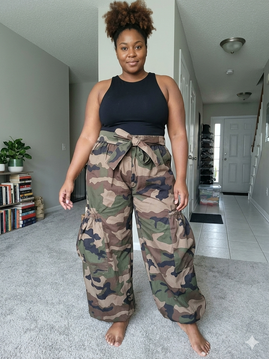 Forest Camouflage High-Waist Trousers with Elasticized Patch Pockets