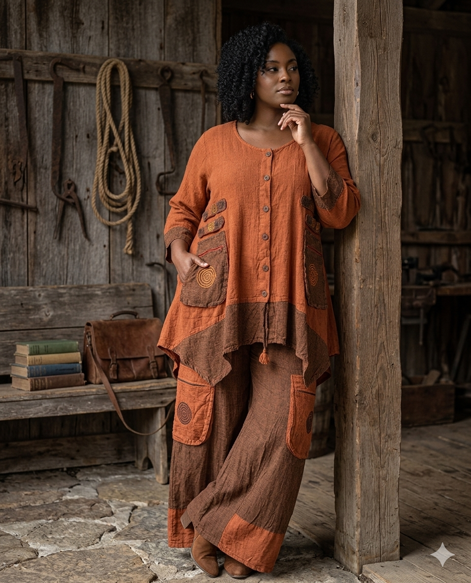 Artsy Lagenlook Two-Piece Pant Set – Textured Cotton Gauze, Mineral Wash, & Artisanal Patchwork Accent