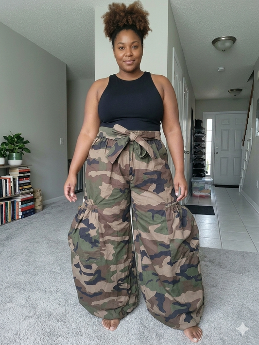 Forest Camouflage High-Waist Trousers with Elasticized Patch Pockets