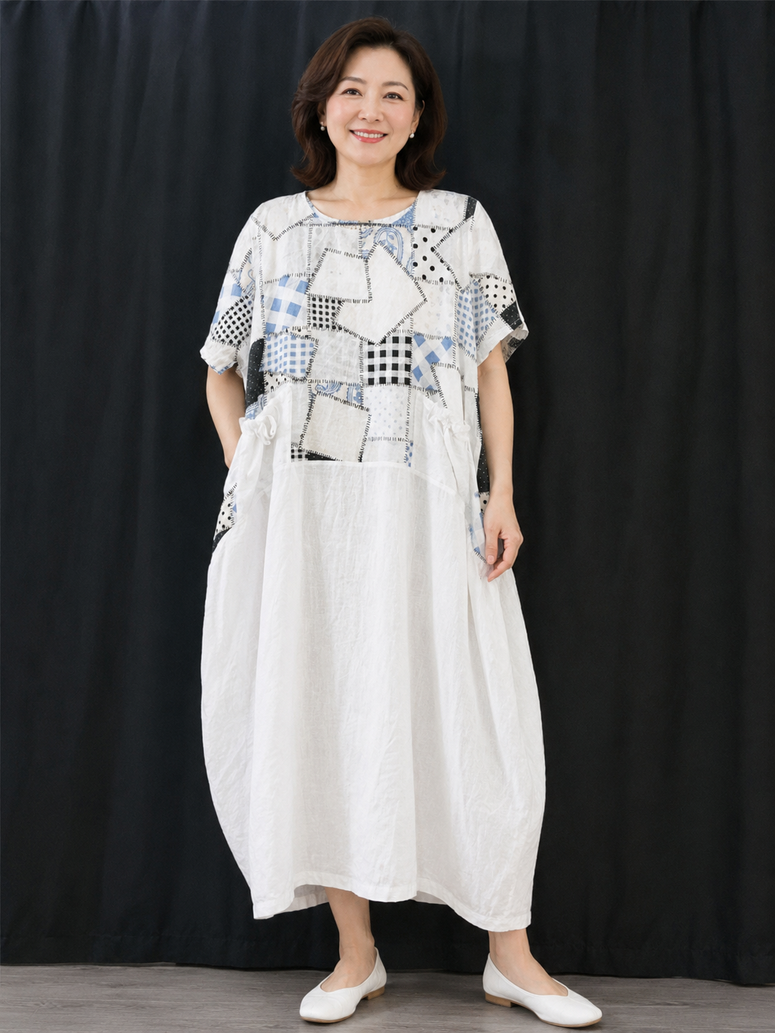 Patch Quilted Italian Linen Dress fits upto Bust 46".