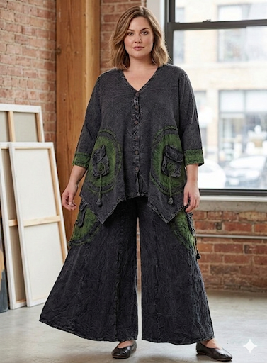 Artsy Lagenlook Two-Piece Pant Set – Textured Cotton Gauze, Mineral Wash, & Artisanal Patchwork Accent