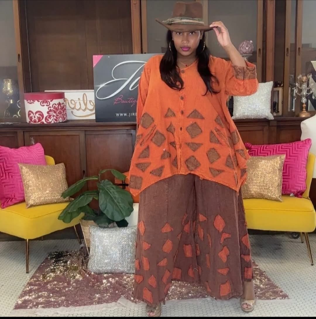 Earthy Patchwork Gauze Wide-Leg Pant Set XL/2XL Tall.