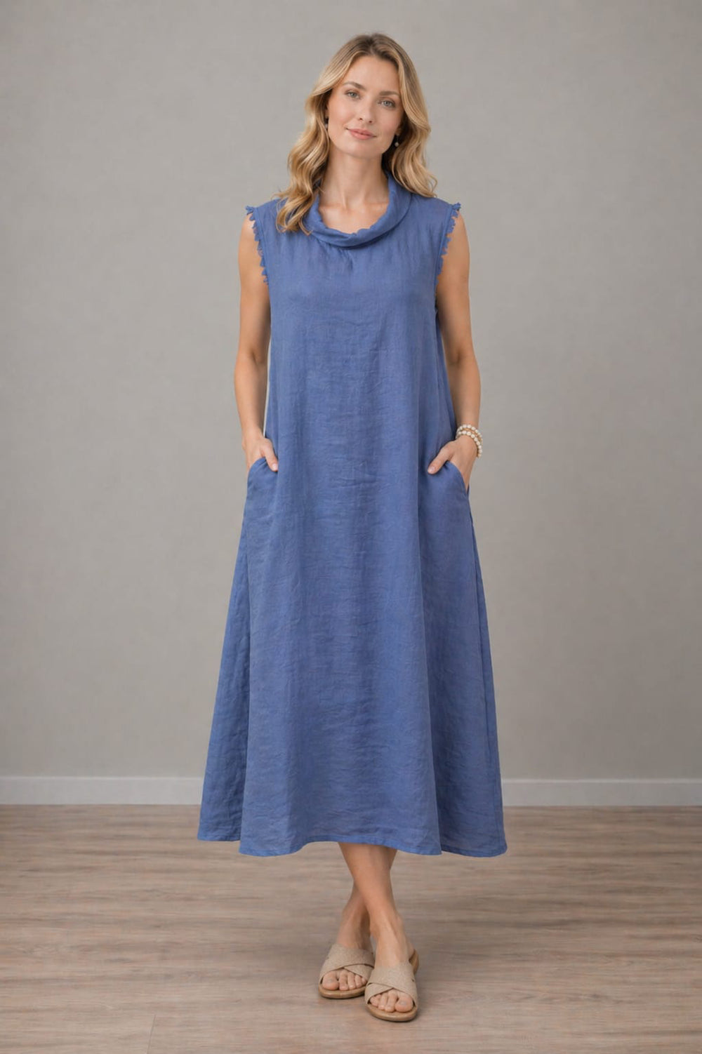 Italian Solid Linen Women Sleeveless Dress