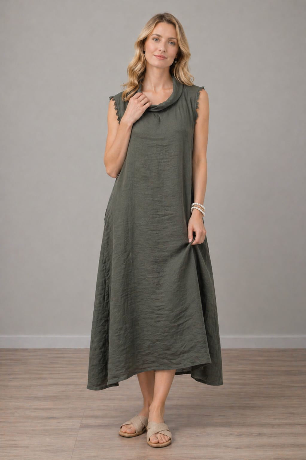Italian Solid Linen Women Sleeveless Dress