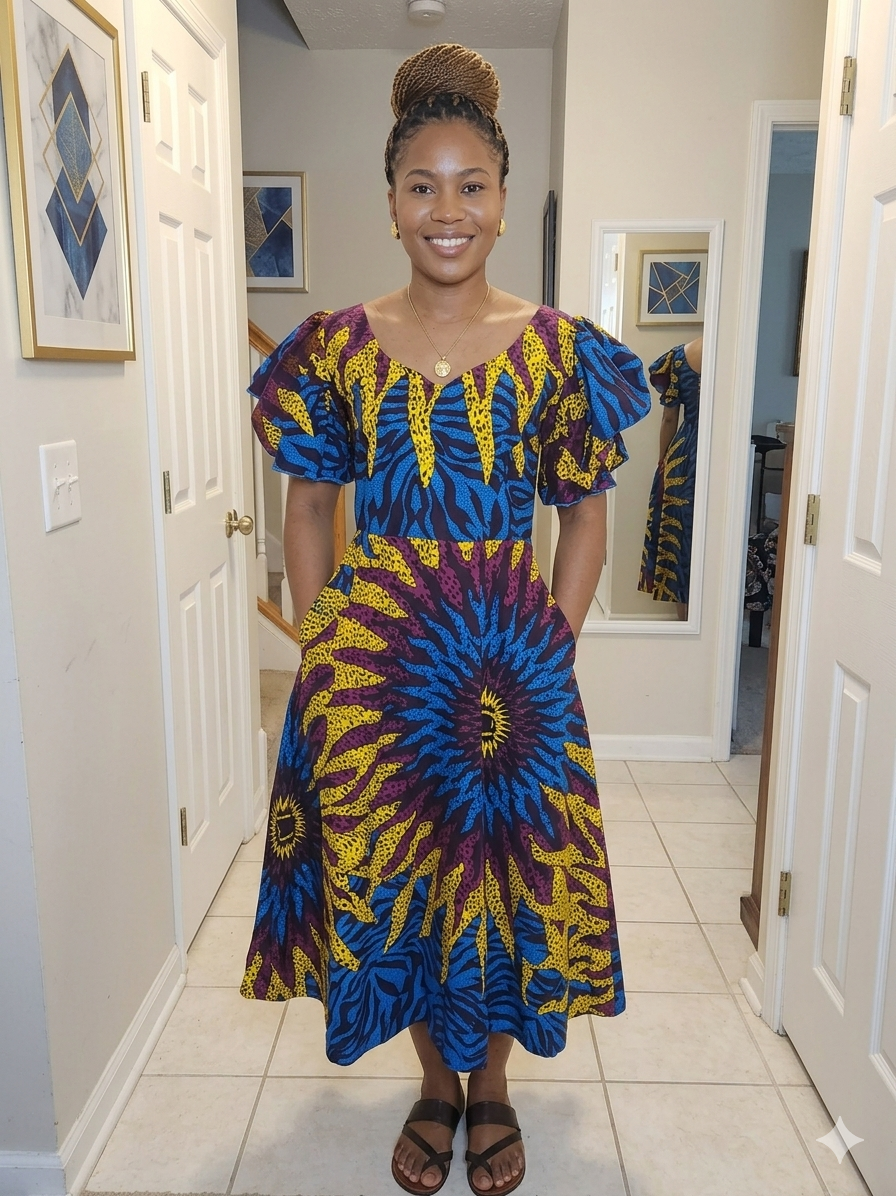 Ankara African Print Sunflower Maxi Dress/Fitted Dress with a back zipper.