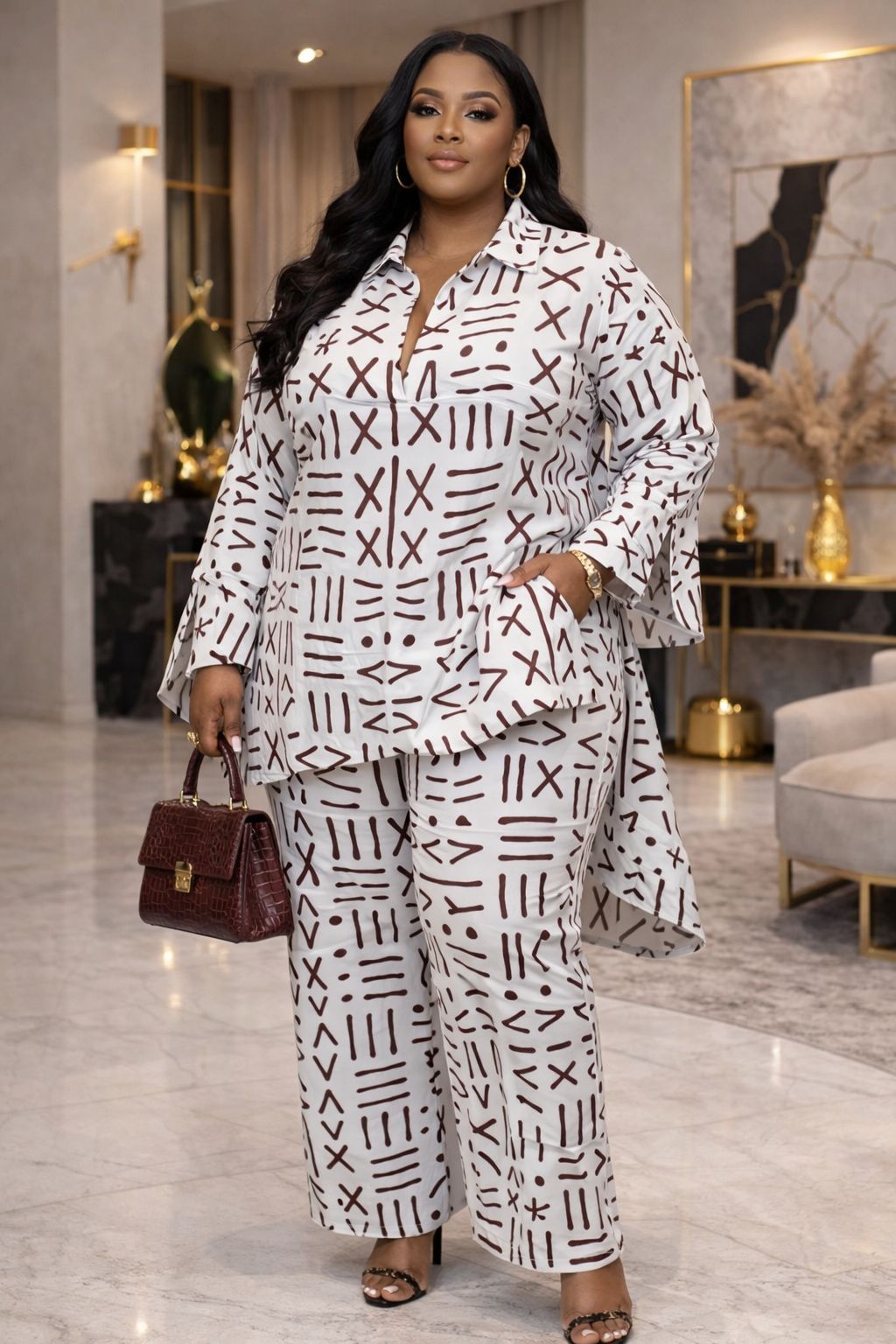 Bold Plus-size Two-Piece wide-leg pants set with an elegant Afro-luxe style.
