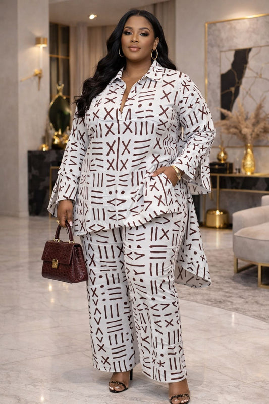 Bold Plus-size Two-Piece wide-leg pants set with an elegant Afro-luxe style.