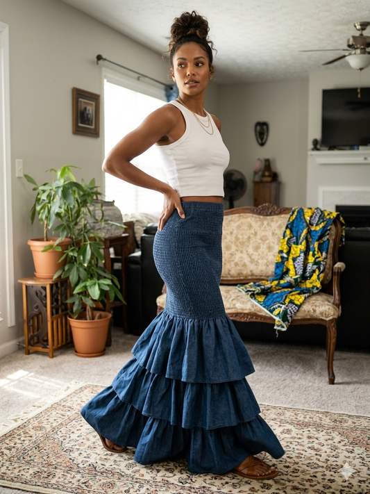 Smocked Cotton Maxi Skirt – Convertible Strapless Ruffle Dress