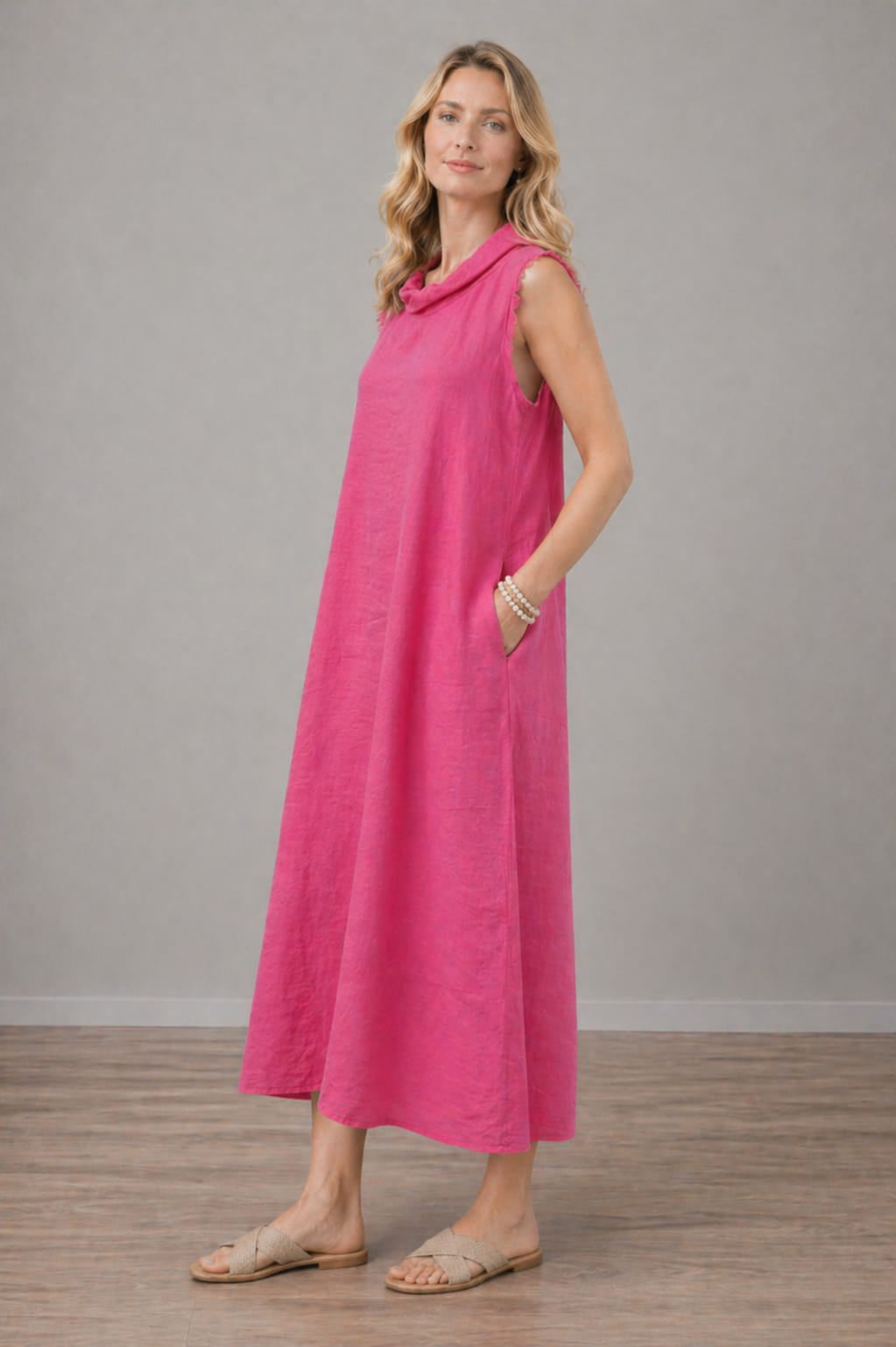 Italian Solid Linen Women Sleeveless Dress