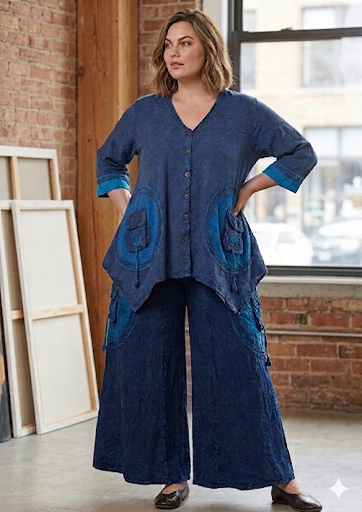 Artsy Lagenlook Two-Piece Pant Set – Textured Cotton Gauze, Mineral Wash, & Artisanal Patchwork Accent