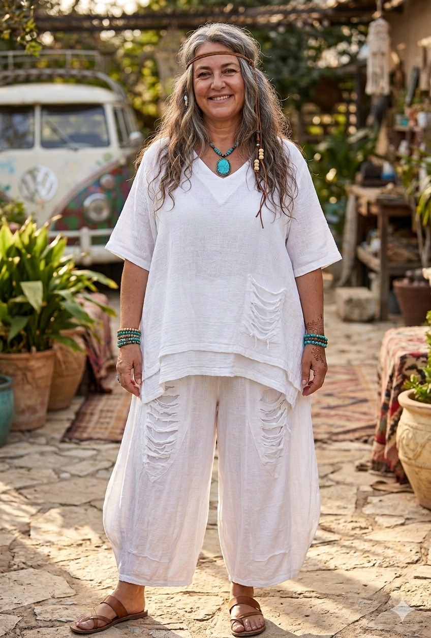 Boho-Chic Distressed Cotton Gauze Two-Piece Set – Oversized Layered Tunic & Slouchy Lantern Pants.
