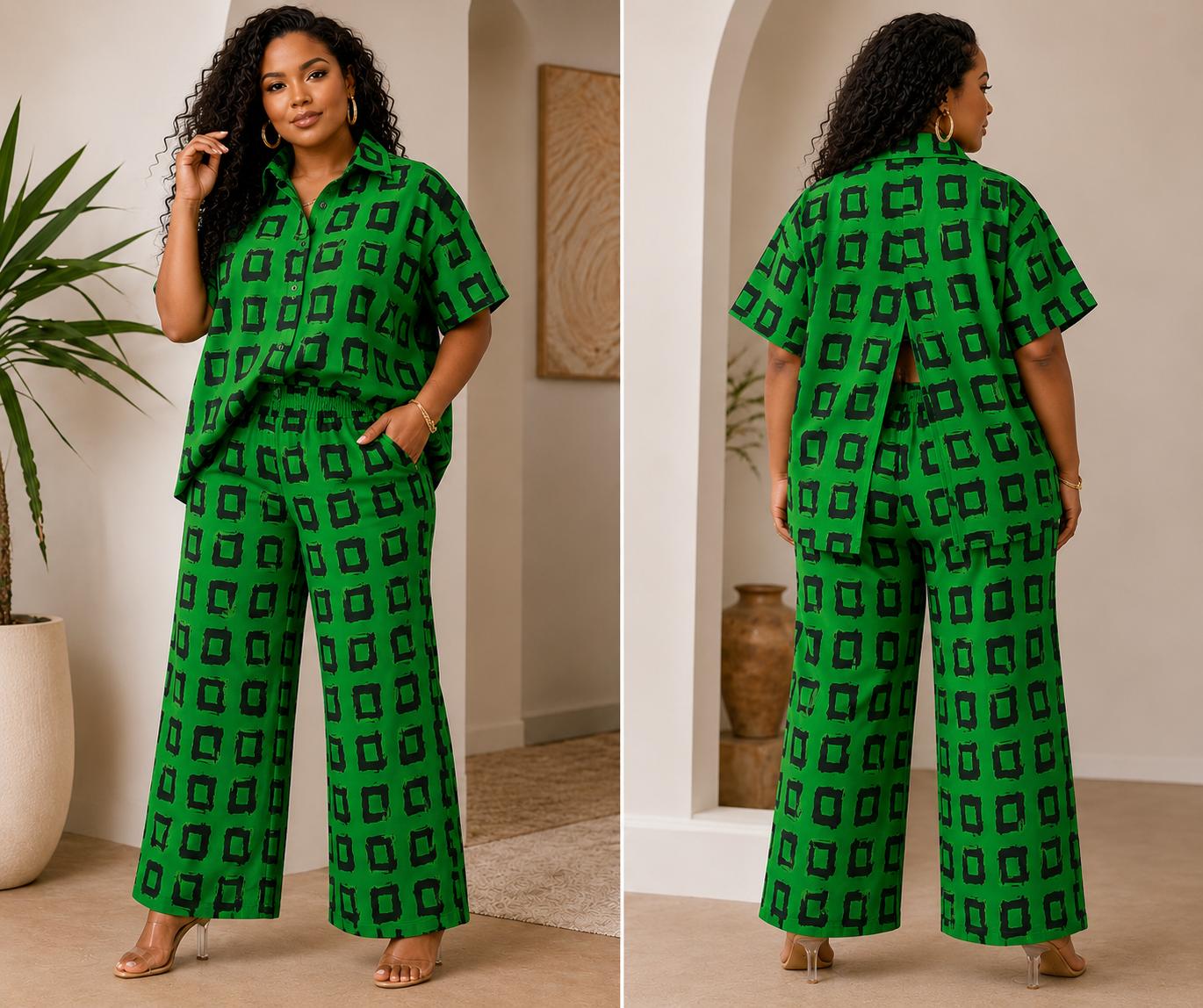 Two-Piece Cotton Set – Wide-Leg Pants & Button-Down Shirt