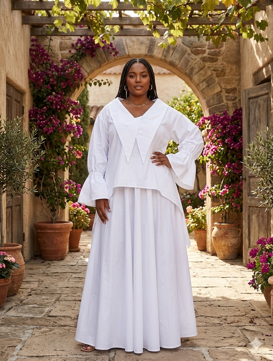 Aura Architectural Statement Top & Maxi Skirt Set – Crisp White