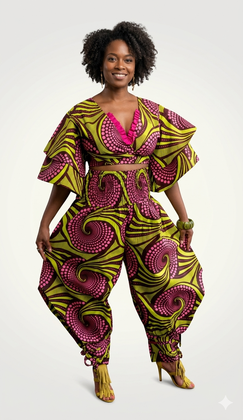 Ankara Crop Top Pantset with Headwrap/African Boho Pants and Medium Wrap Top. Sold whole or seperate.