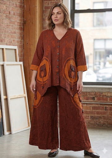 Artsy Lagenlook Two-Piece Pant Set – Textured Cotton Gauze, Mineral Wash, & Artisanal Patchwork Accent