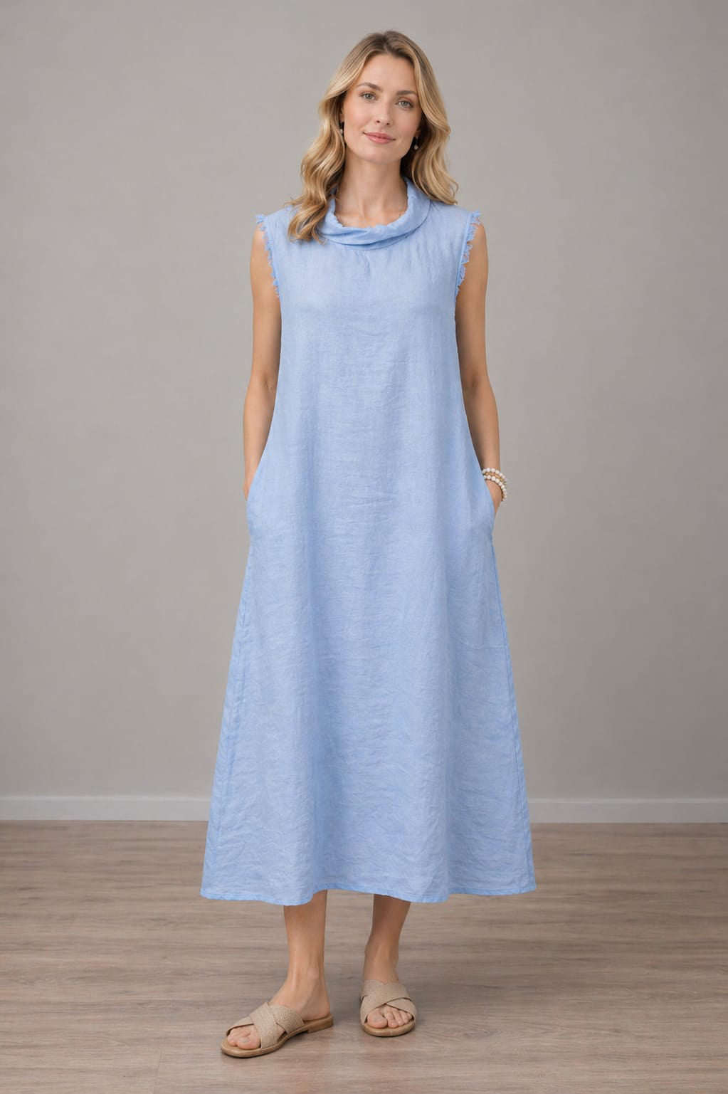 Italian Solid Linen Women Sleeveless Dress
