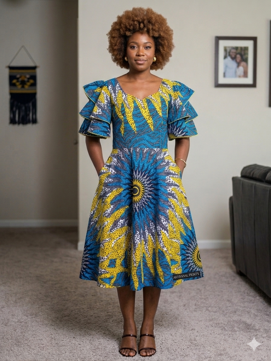 Ankara African Print Sunflower Maxi Dress/Fitted Dress with a back zipper.