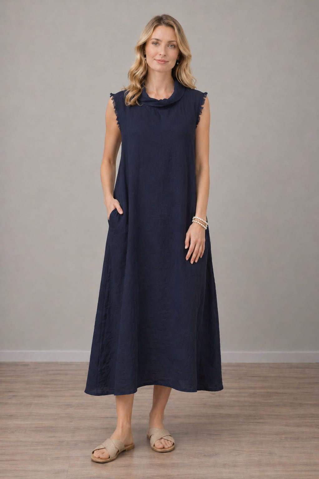 Italian Solid Linen Women Sleeveless Dress