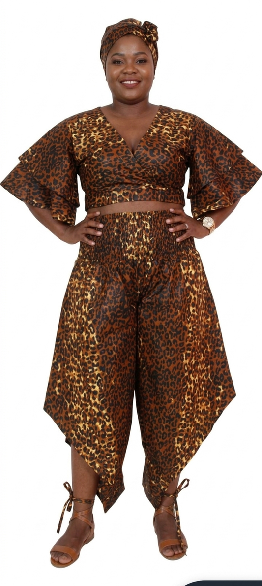 Ankara Crop Top Pantset with Headwrap/African Boho Pants and Medium Wrap Top. Sold whole or seperate.