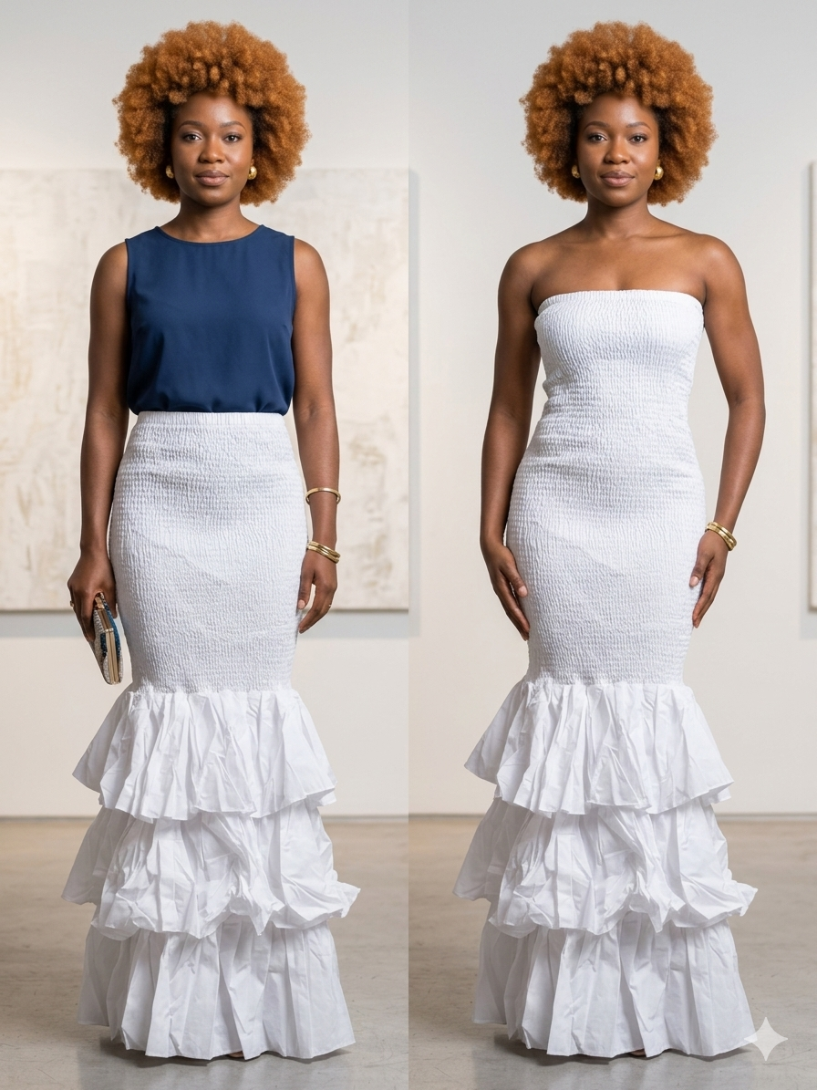 Smocked Cotton Maxi Skirt – Convertible Strapless Ruffle Dress