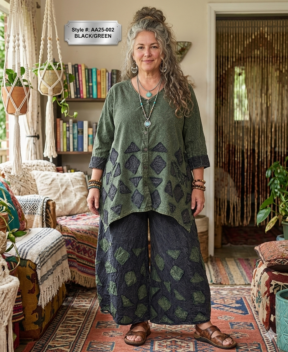 Earthy Patchwork Gauze Wide-Leg Pant Set XL/2XL Tall.