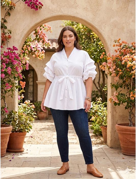 Cotton Ruffle-Sleeve Peplum Top with Waist Tie 2XL