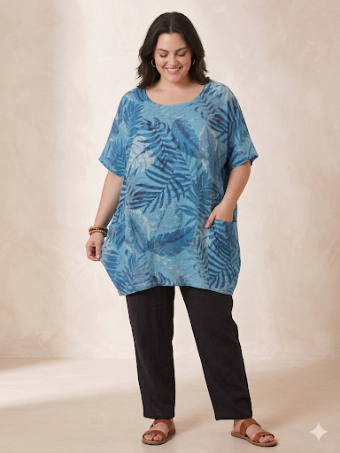 Plus Size Italian Leaf Printed Front Pockets